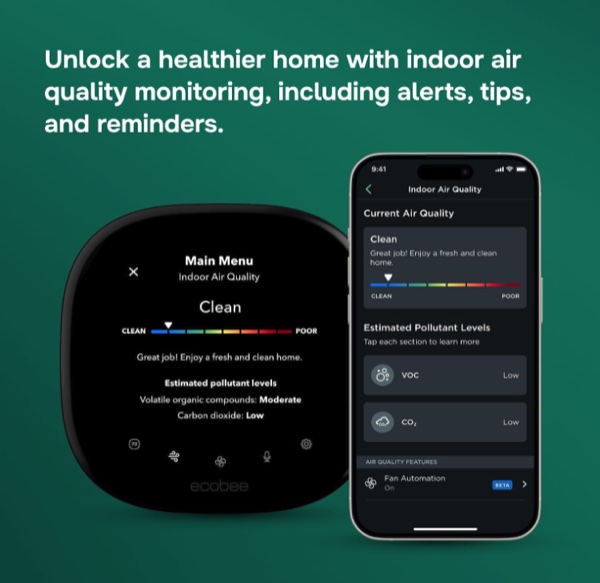 ecobee thermostat and phone app showing indoor air quality monitoring with clean air and low pollutant levels