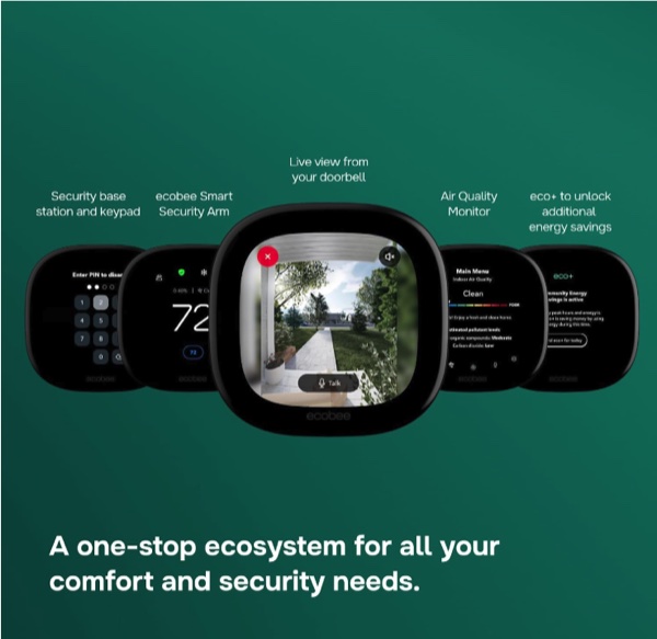 Five ecobee thermostat screens showing the security keypad, Smart Security arm, live doorbell view, air quality monitor and eco+ energy savings