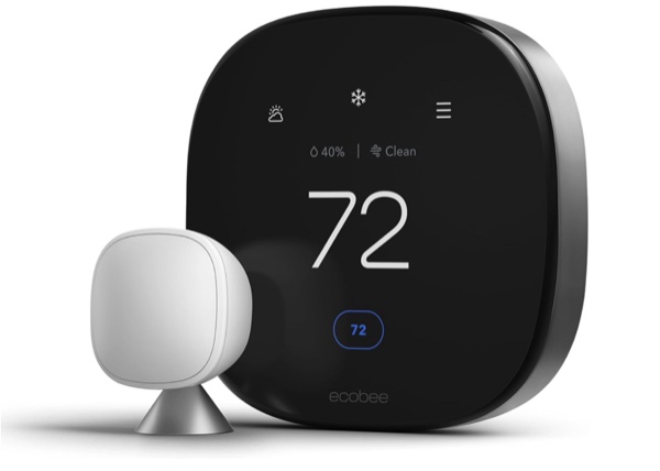ecobee Smart Thermostat Premium showing 72 degrees next to its white SmartSensor