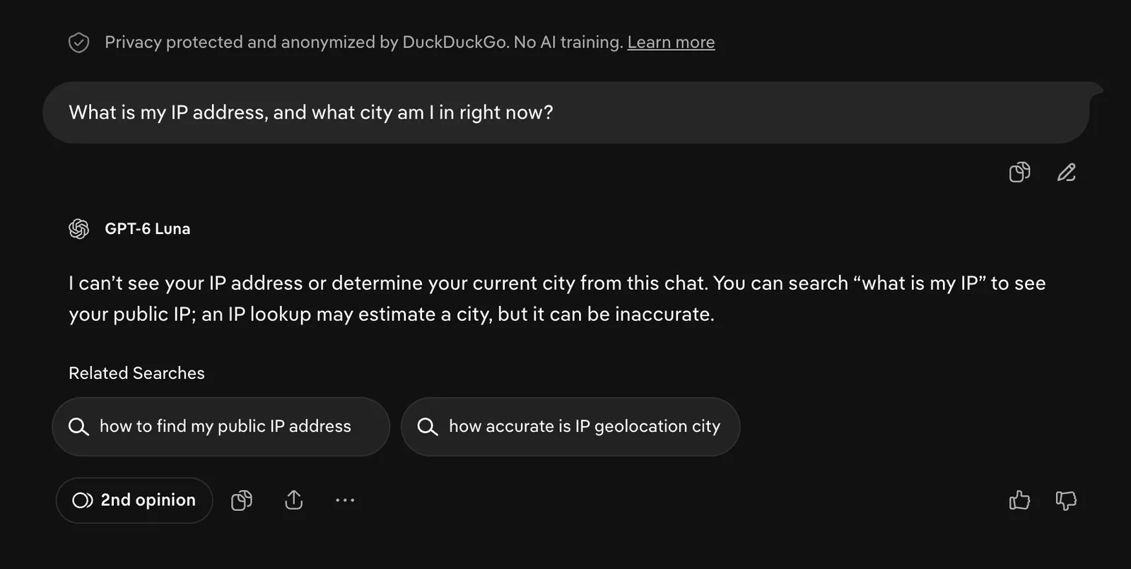 Duck.ai answering that it can't see your IP address or determine your current city