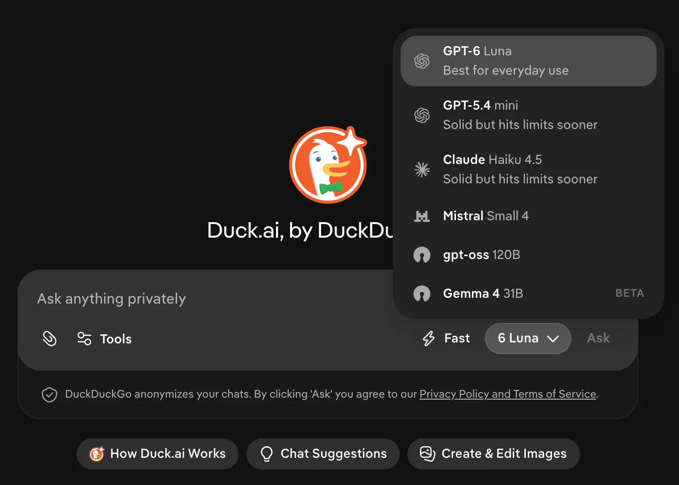Duck.ai model picker showing GPT-6 Luna, GPT-5.4 mini, Claude Haiku 4.5, Mistral Small 4, gpt-oss 120B and Gemma 4 31B